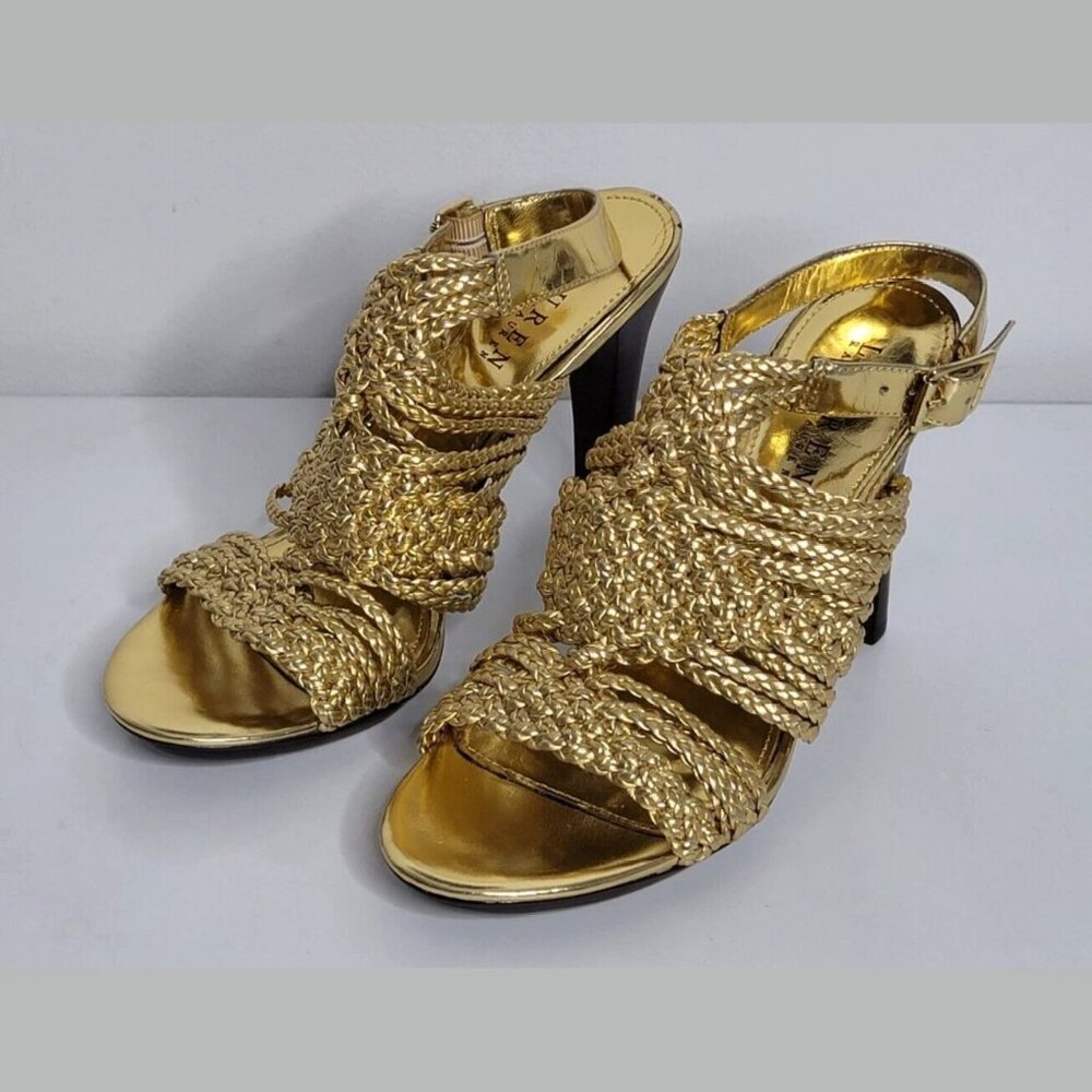 Lauren Ralph Lauren Womens Slingback Sandals Heel Gold 6.5 Holleen Braid Strappy